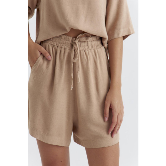Linen Textured Blouse Shorts Camel Women's Suit