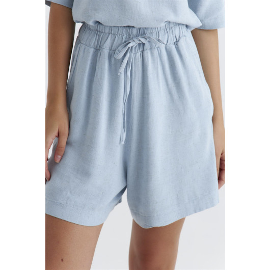 Linen Textured Blouse Shorts Blue Women's Suit