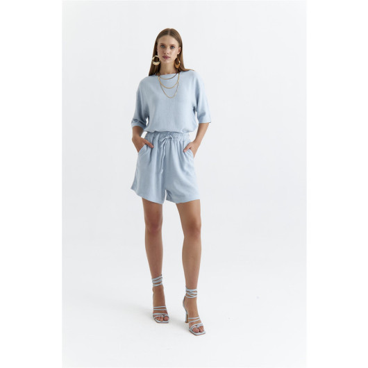 Linen Textured Blouse Shorts Blue Women's Suit