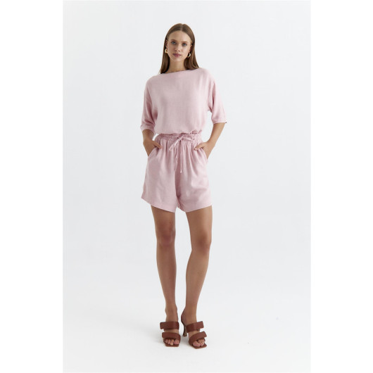 Linen Textured Blouse Shorts Pink Women's Suit