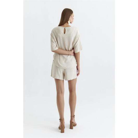 Linen Textured Blouse Shorts Stone Women's Suit