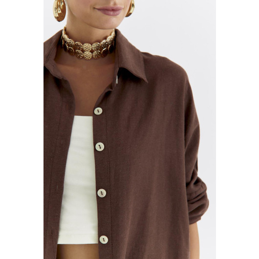 Linen Textured Oversize Brown Women's Shirt