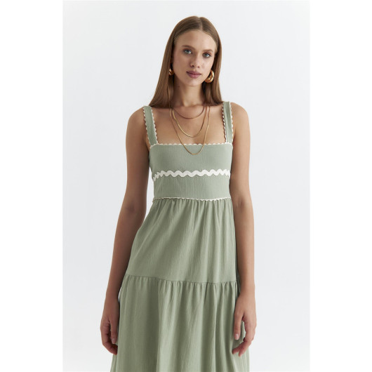 Linen Blend Layered Khaki Maxi Dress