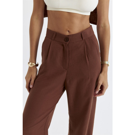 Linen Blended Collar Brown Women's Trousers
