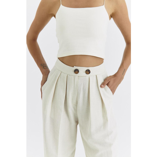 Linen Blended Pleated Women's Stone Trousers