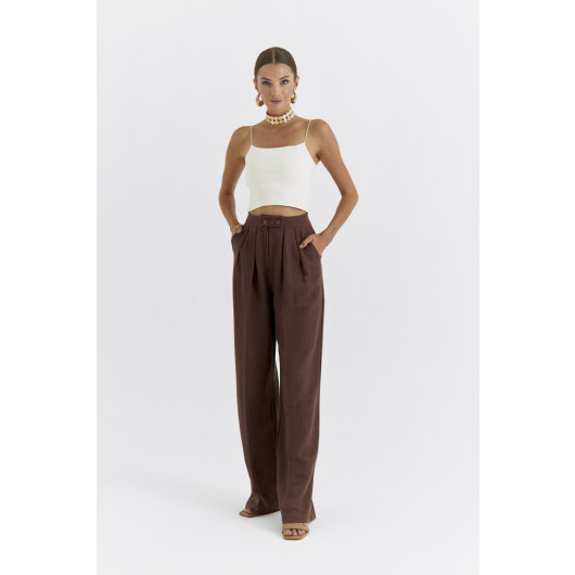 Linen Blend Pleated Brown Women's Trousers
