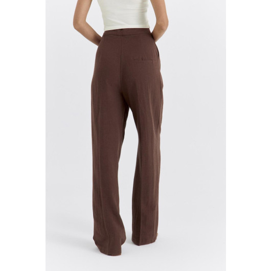 Linen Blend Pleated Brown Women's Trousers