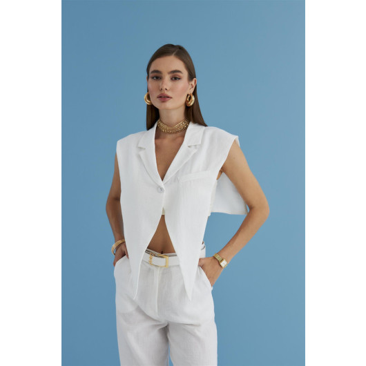 Linen Blended Design White Women's Vest