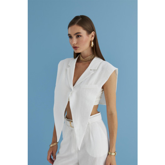 Linen Blended Design White Women's Vest