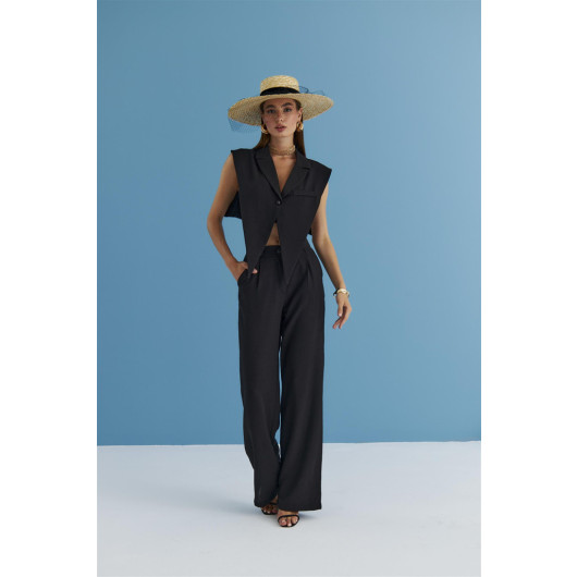 Linen Blended Design Black Women's Vest