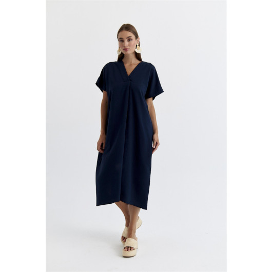 Linen Blend V Neck Navy Blue Maxi Dress