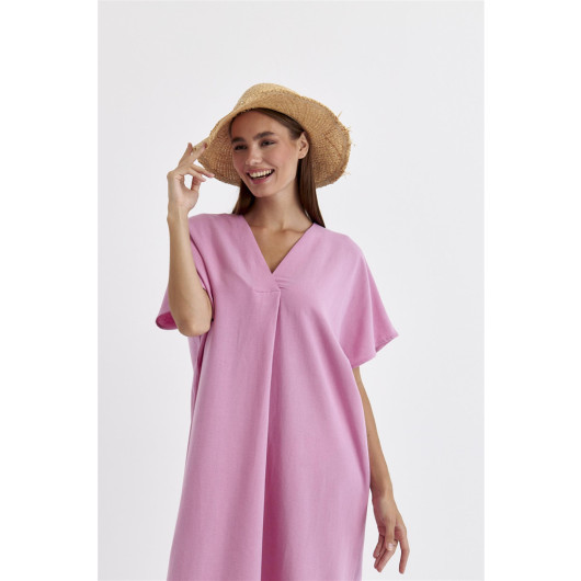 Linen Blend V-Neck Pink Maxi Dress