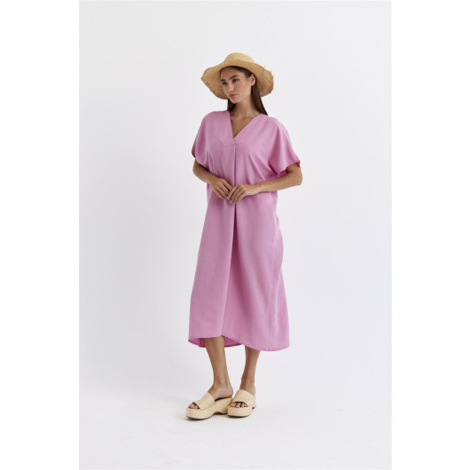 Linen Blend V-Neck Pink Maxi Dress
