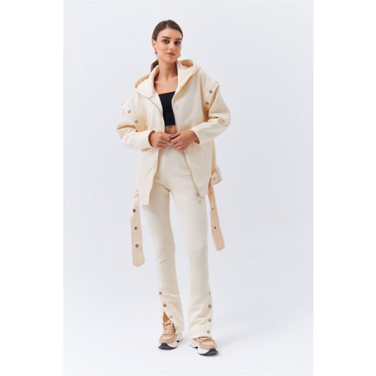 Detachable Snap Fastener Tracksuit Cream Women's Suit