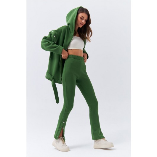 Detachable Snap Fastener Tracksuit Green Women's Suit
