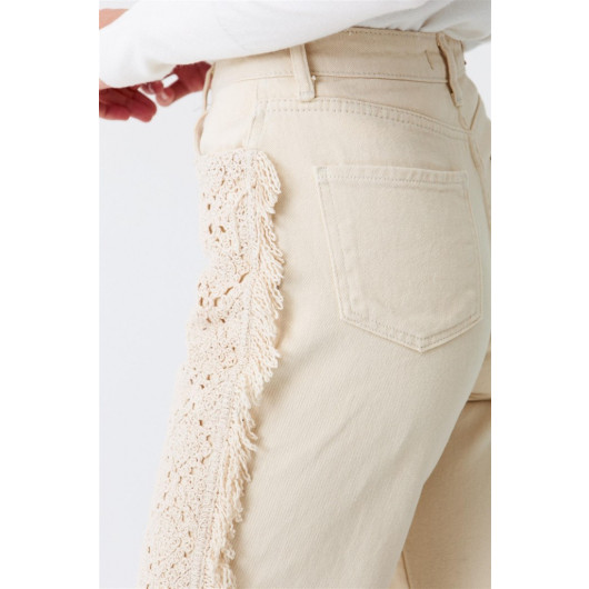 Crochet Detailed Beige Women's Jeans