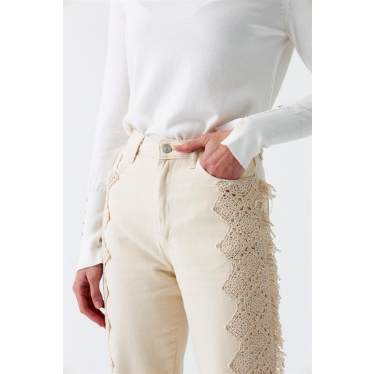 Crochet Detailed Beige Women's Jeans