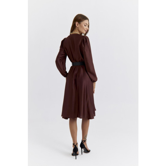 Double Breasted Satin Brown Midi Dress