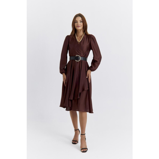 Double Breasted Satin Brown Midi Dress