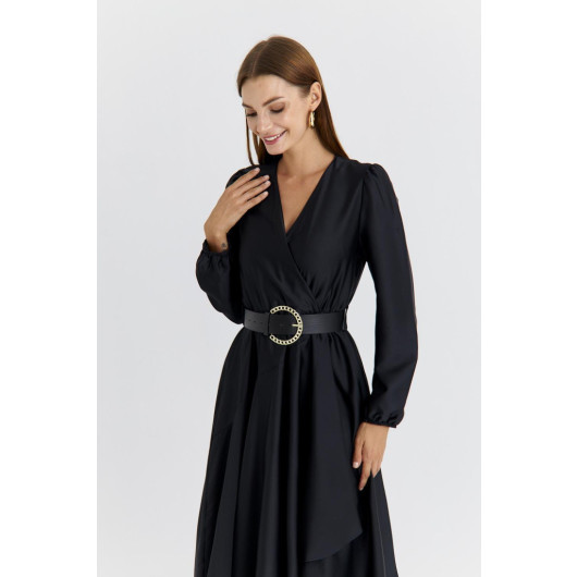 Double Breasted Satin Black Midi Dress