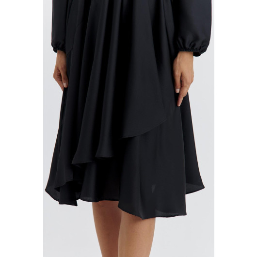 Double Breasted Satin Black Midi Dress
