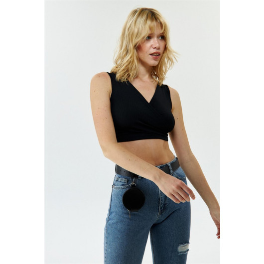 Double Breasted Collar Black Crop Top