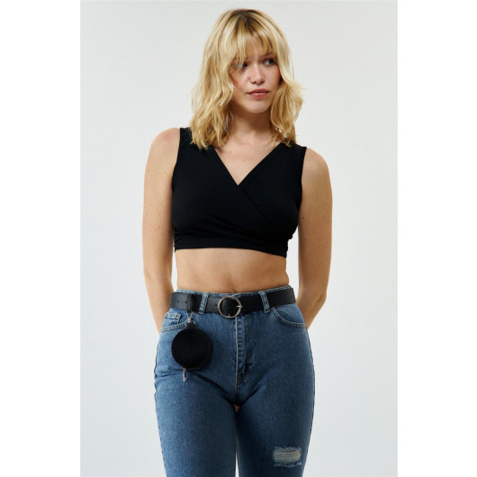 Double Breasted Collar Black Crop Top