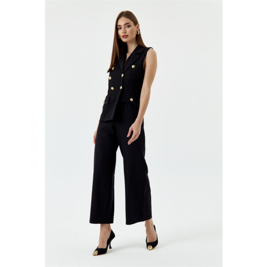 Double Breasted Collar Design Black Women's Jumpsuit
