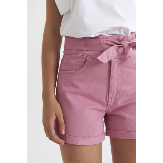 Belted High Waist Pink Women's Denim Shorts