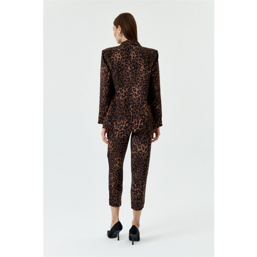 Leopard Pattern Double Breasted Blazer Jacket Pants Brown Women's Suit