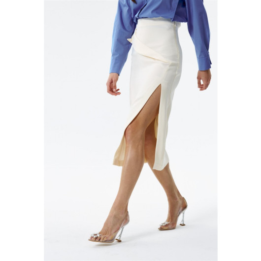Masculin Midi Length Cream Pencil Skirt