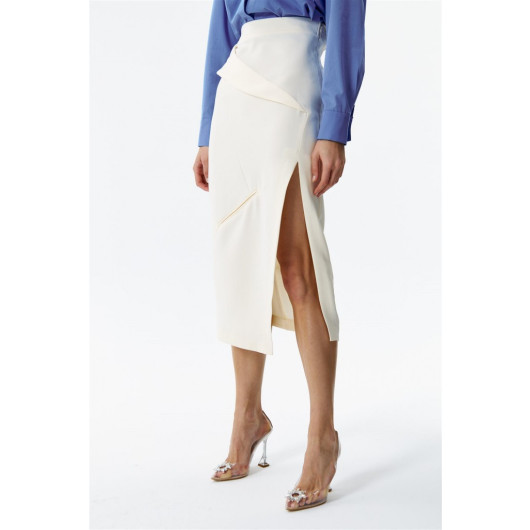 Masculin Midi Length Cream Pencil Skirt