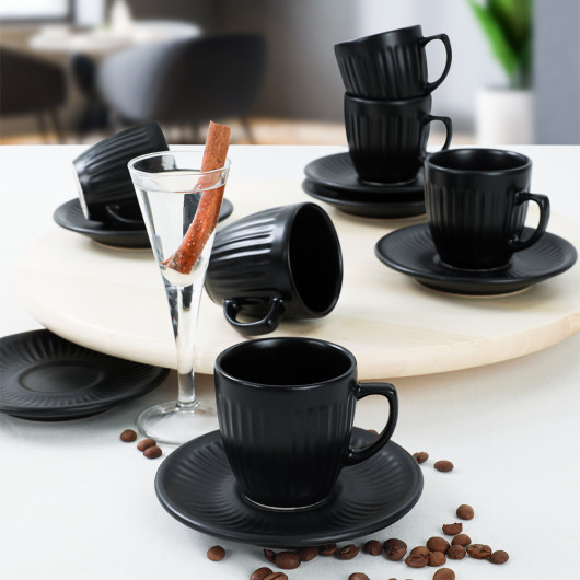 12 Pieces Black Matte/Matte Striped Design Coffee Cups Set For 6 Persons