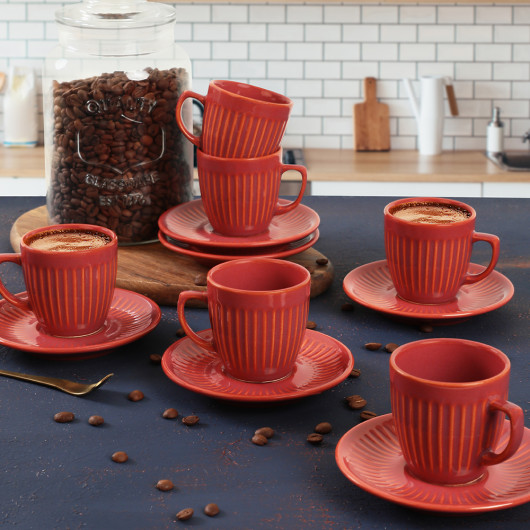 طقم فناجين قهوة بتصميم مخطط لون مرجاني 12 قطعة لـ 6 أشخاص