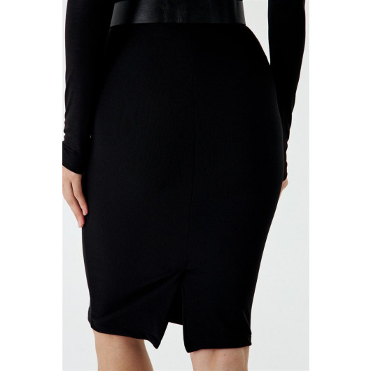 Midi Length Ribbed Black Pencil Skirt