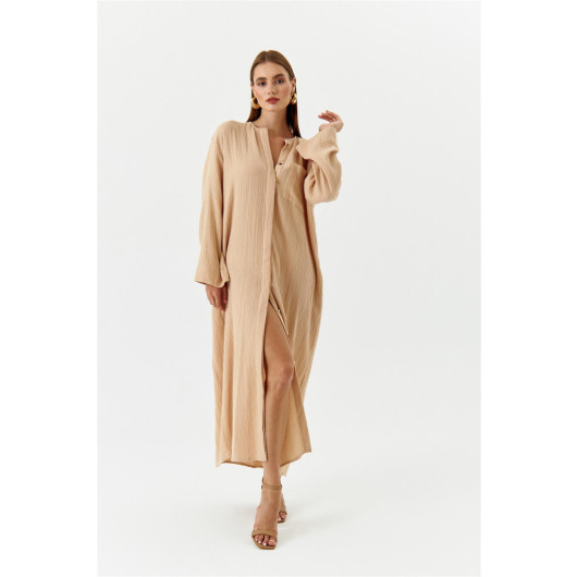 Camel Kaftan Dress With Muslin Buttons