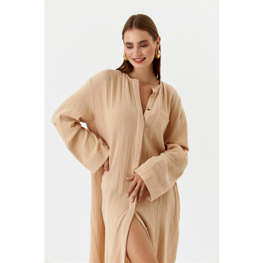 Camel Kaftan Dress With Muslin Buttons