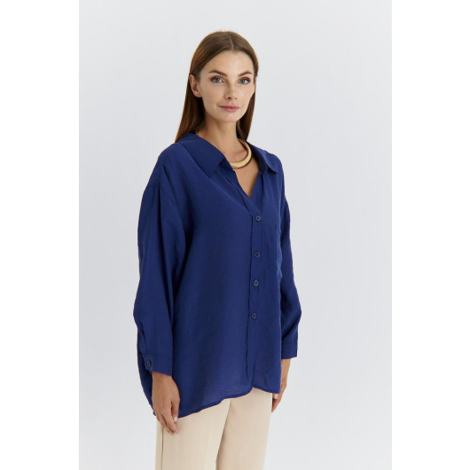 Oversize Low Sleeve Navy Blue Women's Shirt