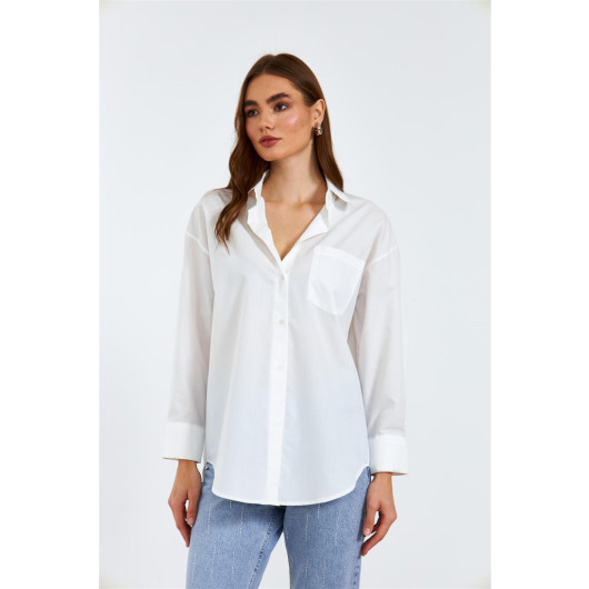 قميص نسائي اوفر سايز قماش بوبلين لون أبيض