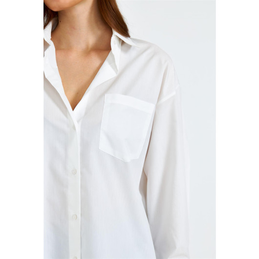 قميص نسائي اوفر سايز قماش بوبلين لون أبيض