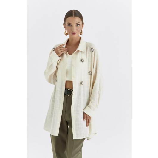Oversize Stone Embroidered Beige Women's Shirt