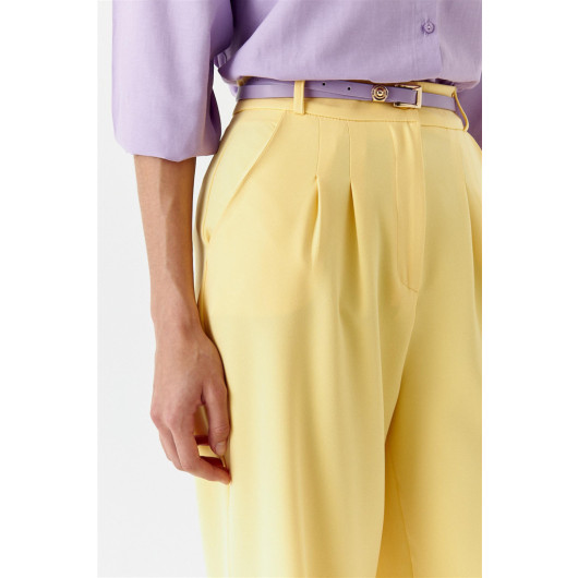 Pleated High Waist Palazzo Yellow Women's Trousers