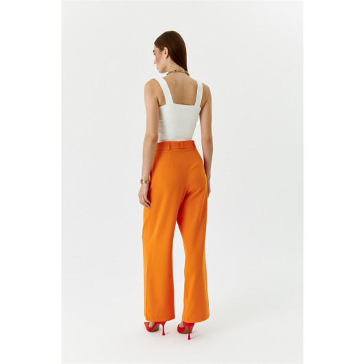 Pleated High Waist Palazzo Orange Women's Trousers