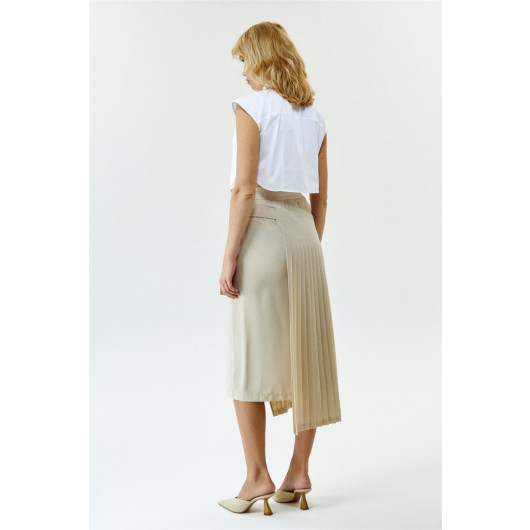 Pleated Midi Length Cream Women's Skirt
