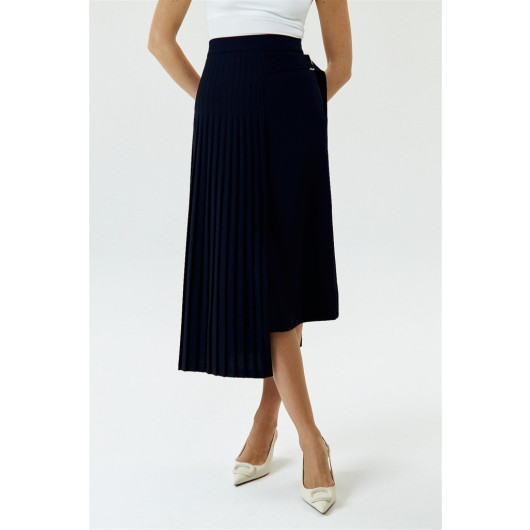 Pleated Midi Length Navy Blue Women's Skirt