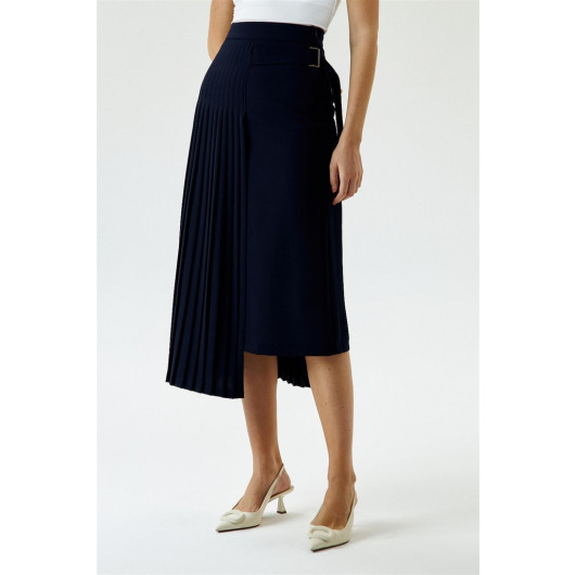Pleated Midi Length Navy Blue Women's Skirt