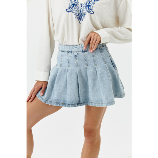Pleated Mini Blue Denim Skirt