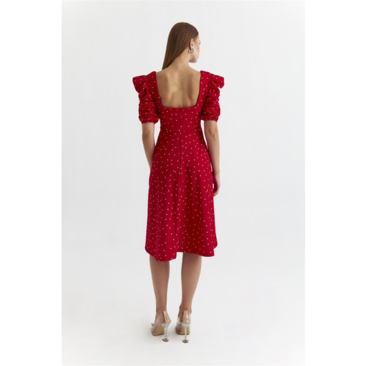 Polka Dot Square Collar Red Midi Dress