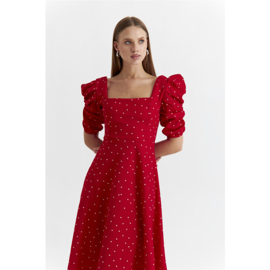 Polka Dot Square Collar Red Midi Dress