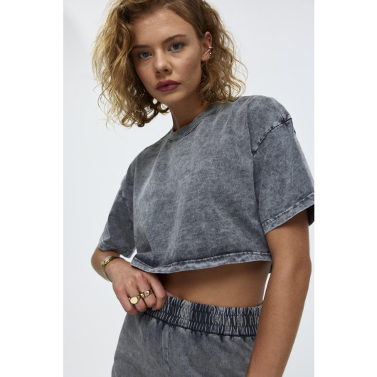 Faded Effect T-Shirt Shorts Anthracite Women's Set